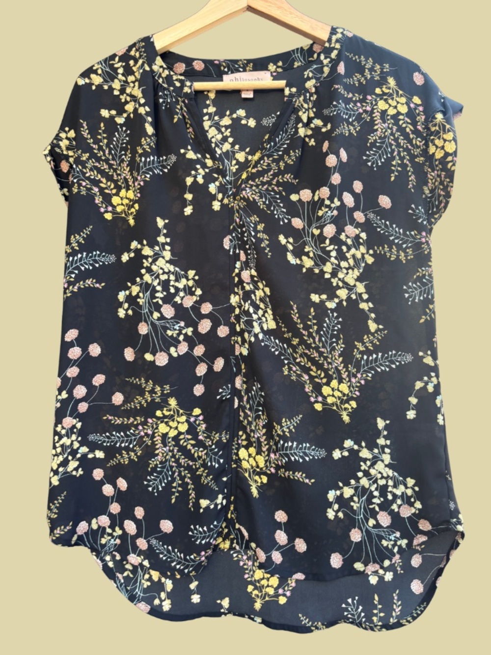 Philosophy Black Floral Flowy Blouse, Size Small